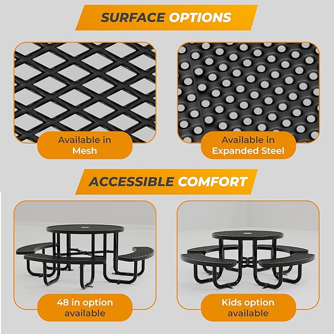 Metal Picnic Tables for Outdoors with Umbrella Hole - Coated Steel Heavy Duty Commercial Grade Furniture Set with Adjustable Seats (Red, 38 in, Round, Expanded Steel)