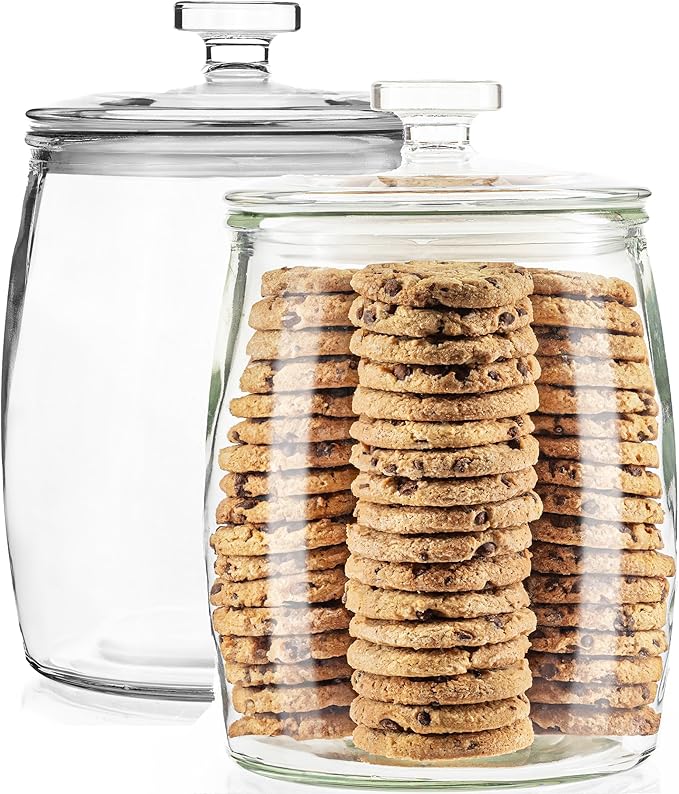 kitchentoolz 1 Gallon Glass Cookie Jar with Lid – Set of 2 Large Glass Jars with Lids for Cookies, Candy, Flour, Sugar, Pet Treats – Clear Glass Canisters for Food Storage - Pack of 2