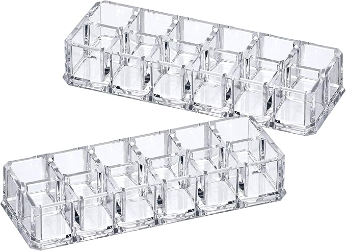 Amazing Abby - Charm - 2-Pack 12-Slot Acrylic Lipstick Organizer, Lipstick Holder, Lip Gloss Holder, Cosmetic Storage Display, Perfect Storage Solution for Drawer and Vanity (Slot Size: 0.9" x 0.9")