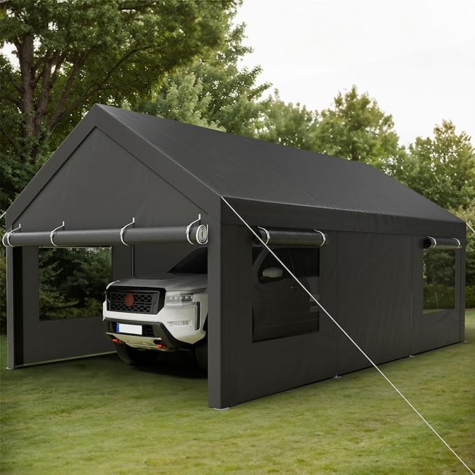 Shintenchi Carport 12' x 20' Heavy Duty Portable Garage, Carport Canopy with Side-Opening Door & Roll-Up Windows, Car Canopy for Truck,Car,Boat,Grey