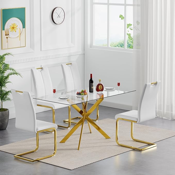 51" Rectangular Glass Dining Room Table for 4 with Tempered Glass Top and Gold Metal Legs, Modern Clear Kitchen and Dinner Table for Home Office Dining Room