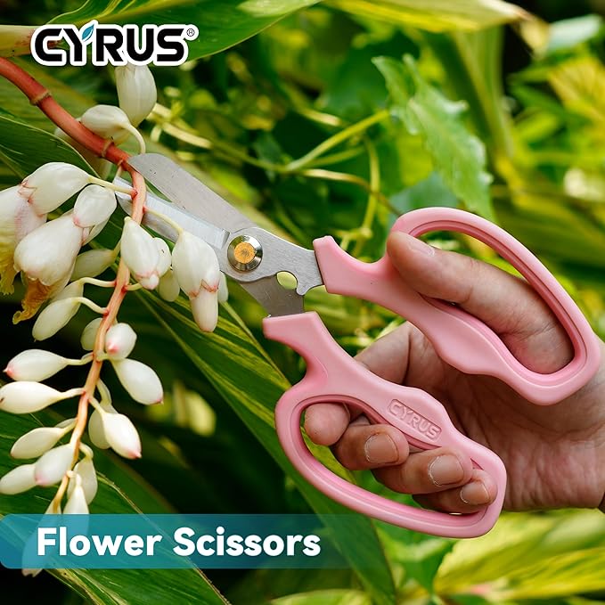 CYRUS Garden Shears Pruner Secateurs 7.5" Pruning Scissors with Integrated Stab Remover Flower Sharp Gardening hand tools Florist Bonsai Cutters Rose Snips Pink