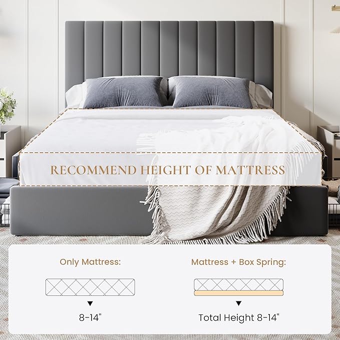 SHA CERLIN Queen Size Platform Bed Frame with 4 Storage Drawers, Vertical Channel Tufted Adjustable Headboard, Velvet Upholstered, Wooden Slats Support, No Box Spring Needed, Easy Assembly, Grey