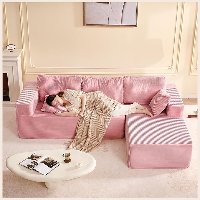 107" Boneless Couch with Deep Seat, Modular Sectional Sofa, Cloud Sectional Couch for Living Room, No Assembly Required, Corduroy, L-Shape Right Pink