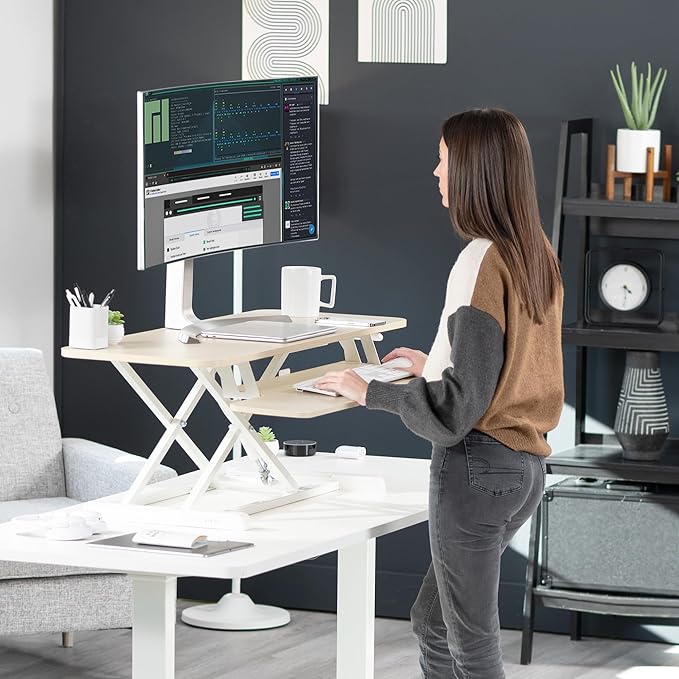 VIVO 42 inch Desk Converter, K Series, Height Adjustable Sit to Stand Riser, Dual Monitor and Laptop Workstation with Wide Keyboard Tray, Light Wood Top, White Frame, DESK-V042KF