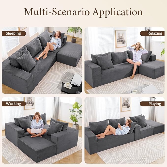 INGEROOM 108" Cloud Sectional Couch with L-Shape Chaise, Modular Sofa Memory Foam, 3 Module Boneless Sofa with Movable Ottoman, Upholstered Couches for Living Room, No Assembly Required, Dark Gray