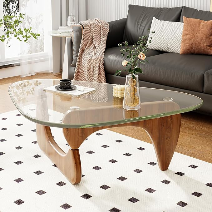 Coffee Table for Living Room Mid Century Modern Center Table with Glass Top, Walnut Transparent
