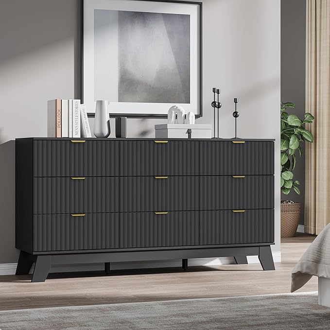 Fluted 9 Drawer Dresser, 57.1" Wide Modern Boho Chest of Drawers, Wooden Storage Dresser TV Stand for Bedroom, Living Room, Closet, Hallway, Curved Profile Design