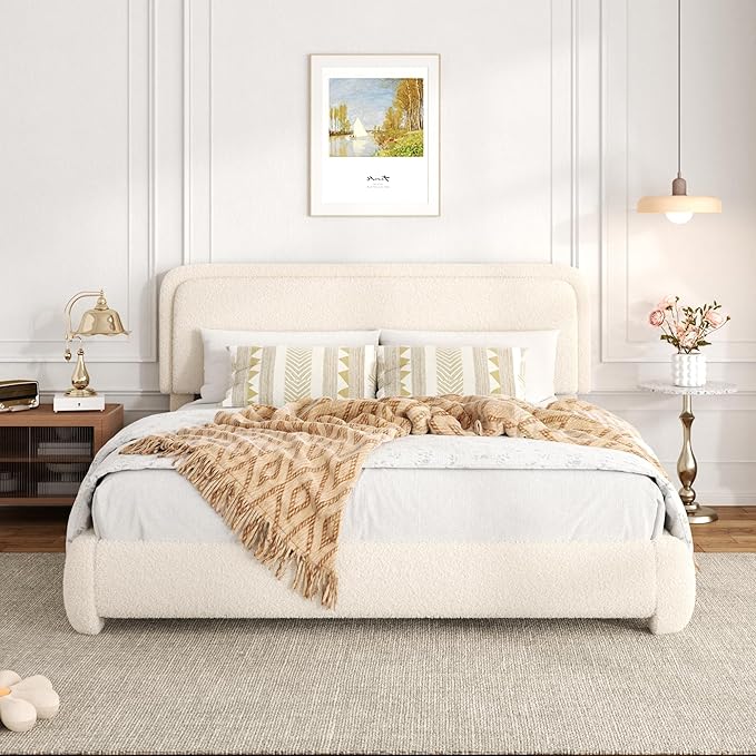 Queen Bed Frame with Headboard Adjustable, Boucle Upholstered Platform Bed Frame Queen Size, Anti-Collision Soft Rounded Corners, No Box Spring Needed, Noise-Free, Easy Assembly, Beige
