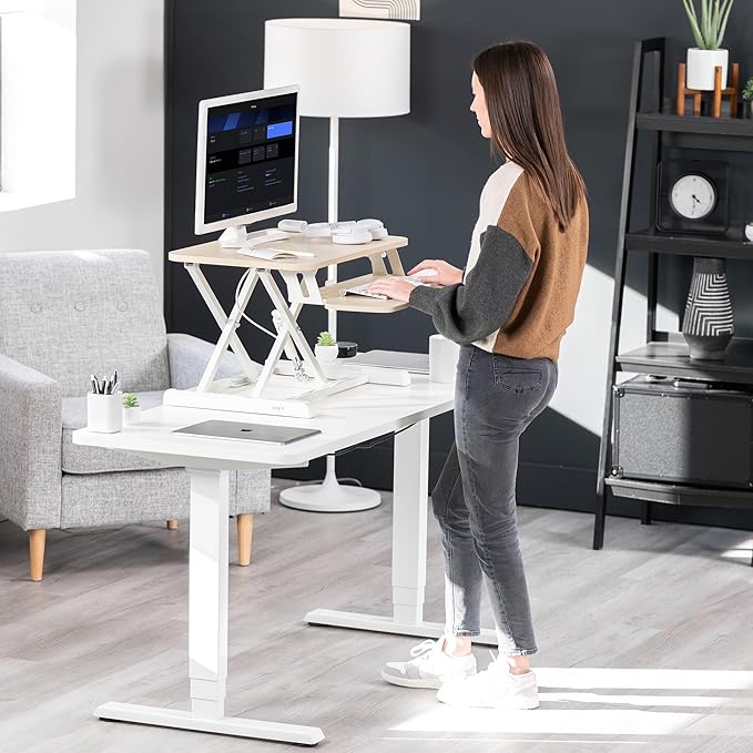 VIVO 26 inch Desk Converter, K Series, Height Adjustable Sit to Stand Riser, Dual Monitor and Laptop Workstation with Keyboard Tray, Light Wood Top, White Frame, DESK-V026KF