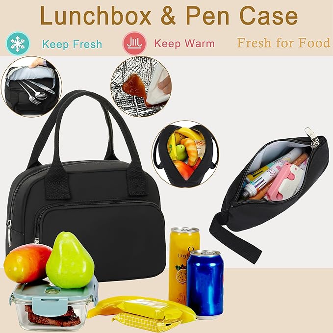 School Backpack for Teen Girls Women College Laptop Backpacks Kids Cute Bookbag Set with Lunch Box Pencil Case Elementary Middle High Campus Bag 3 Pcs Students Bookbags Sets Travel Daypack-Black
