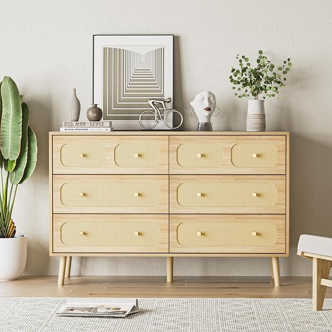 SINROM® Rattan Dresser for Bedroom, Modern 6 Drawer Dresser with Gold Handles, Wood Storage Chest of Drawers for Bedroom, Living Room, Hallway and Entryway, Natural
