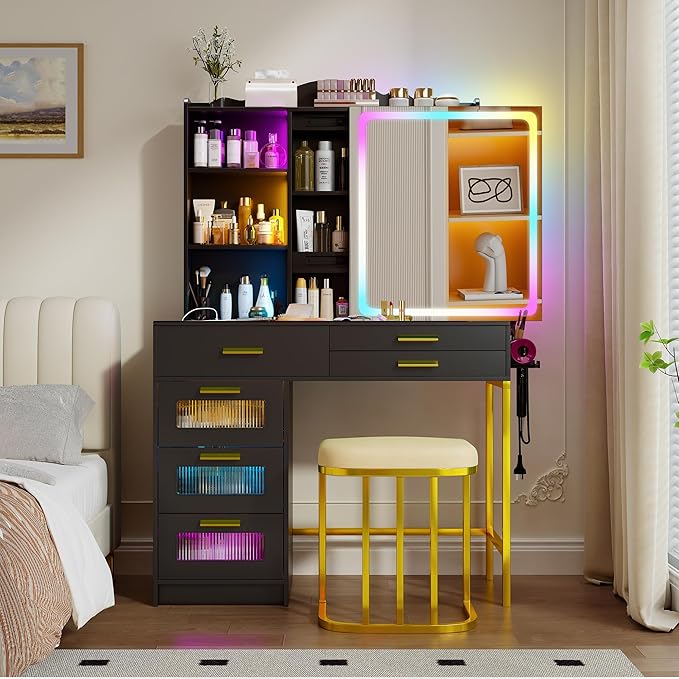 RGB Vanity Desk with Sliding Mirror and Lights,Makeup Vanity with Charging Station,LED Vanity Table with Glass Top,Girls Vanities Dressing Table Set with Stool&6 Drawers for Bedroom(Black