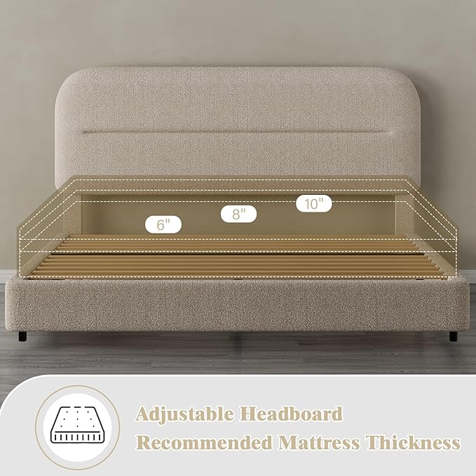 HOMBCK King Size Boucle Bed Frame, Upholstered Cloud Bed Frame with Headboard, Soft Platform Bed Frame with Thickened Footboard, Rounded Corners, No Box Spring Required, Easy Assembly, Beige