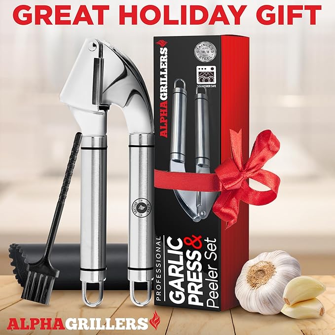 Alpha Grillers Garlic Press Stainless Steel, Mincer, Crusher & Peeler