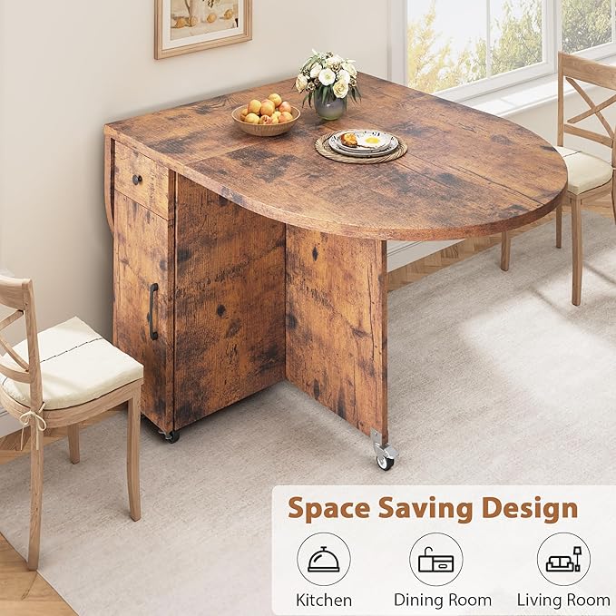 Folding Dining Table for 4 Kitchen Dining Room DinnerTable with Storage Drawer Space Saving Oval Foldable Drop Leaf Gateleg Furniture for Small Space (Vintage, 47 * 23.6 * 30)