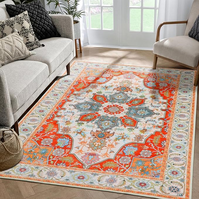 WILLSUN Washable Area Rugs, 4x6 Non-Slip Boho Large Area Rugs for Living Room, Bedroom, Machine Washable Vintage Rug, Indoor Floral Print Carpet for Home Decor, Kid & Pet Friendly Mat