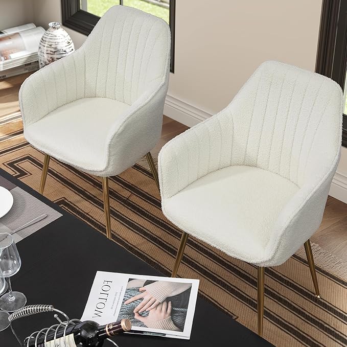 ECOTOUGE Teddy Velvet Dining Chairs Set of 2, Modern Arm Chair with Golden Metal Legs, Fluffy Boucle Sherpa Accent Chairs for Kitchen, Cream White