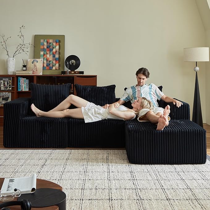 102" Black Couch for Living Room,Boneless Couch No Assembly Required,Comfy Couches with Oversized Chaise,Compressed Sofa for Any Room,Modern Sofa-Corduroy