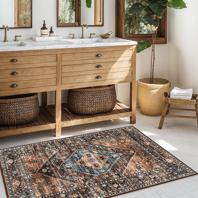 Lahome Washable Living Room Area Rug - 3x5 Non-Slip Ultra-Thin Rugs for Entryway, Throw Small Stain Resistant Kitchen Rugs, Vintage Medallion Print Carpet Rug for Office Bedroom Laundry Room Office