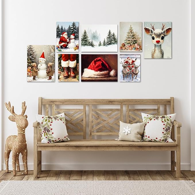 Vintage Christmas Boots Canvas Wall Art - Rustic Winter Wall Art Framed Print for Farmhouse Living Room, Cozy Christmas Wall Decor with Red Accents, Ideal Christmas Gifts & Festive