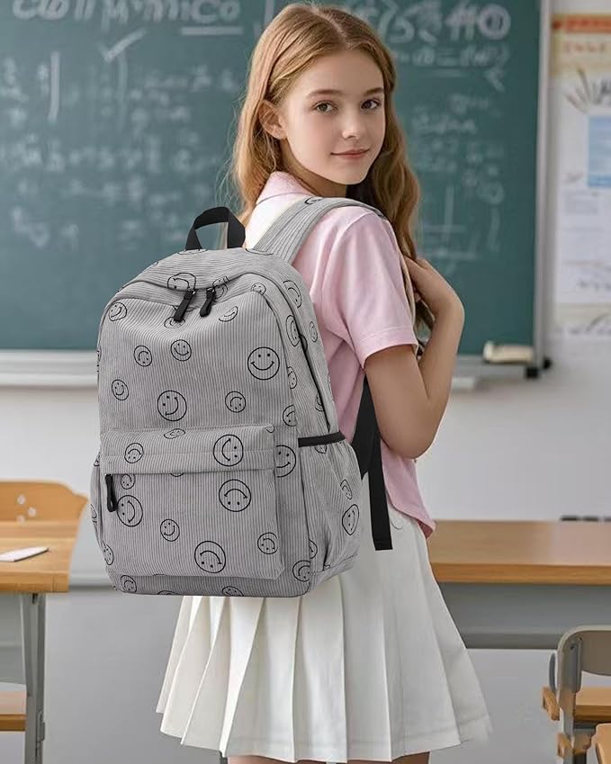 Backpack for Girls Boy Teen Corduroy Bookbags Elementary Middle High School Women Laptop Bag with Lunch Box Pencil Bag (Smile Grey)