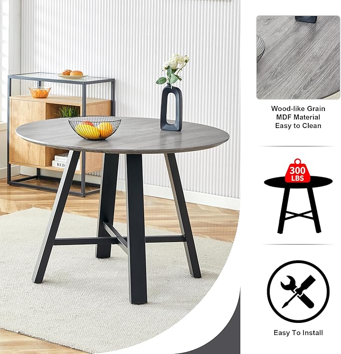 Round Dining Room Table Set for 4,42" Modern Kitchen Table with Chairs,Grey Space-Saving Round Wood Dining Set with Fabric Chairs for Small Kitchen, Office, Cafe