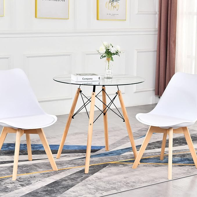 31.5 Inch Small Round Dining Table for 4 People Kitchen Home Modern Leisure Wood Legs Table Glass