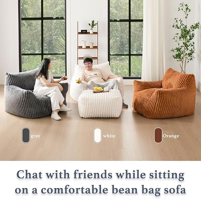Oversized Bean Bag Chaise Lounge Chair Indoor for Adults with Armrests & Ottoman - Giant Comfy Green Beanbag Lazy Floor Sofa Cloud Accent Chair for Reading, Gaming, Cozy Plush Cloud Mini Couch