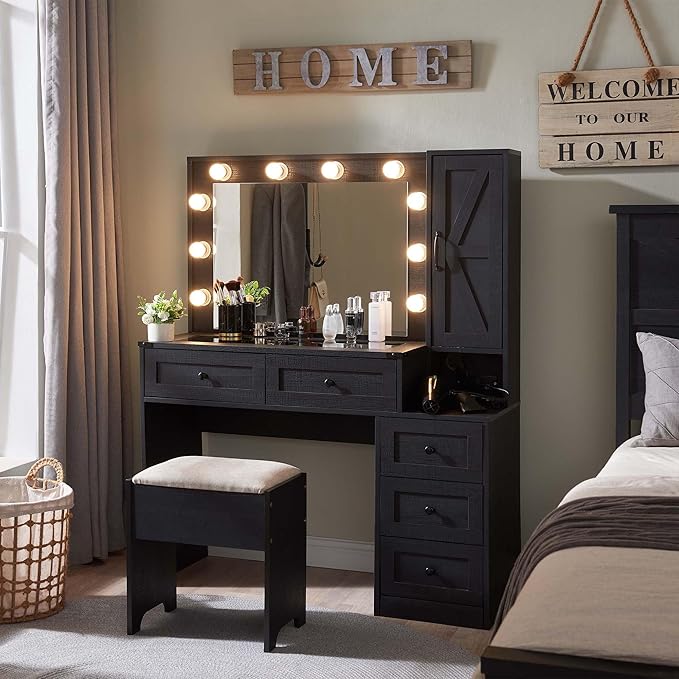Farmhouse Vanity Desk with Mirror and Lights, 43" Wide Makeup Vanity with Glass Tabletop and Charging Station, Modern Vanity Table Set with Storage and Stool for Bedroom, Black