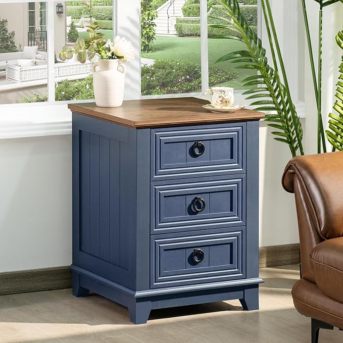 Night Stand Set of 2, Farmhouse 18" End Table with 3 Drawer Metal Handle, Dresser for Bedroom, Sofa Bed Side Table Chest of Drawers,Wood Nightstand Cabinet for Organizer, Living Room-Blue