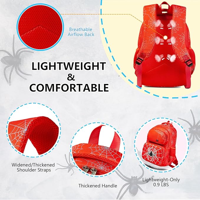 Boys Backpack with Lunch Box Glow in Dark Bookbag Kids Ages 4-12 Kindergarten Elementary Middle School Spider Backpack, Luminous Spider Red