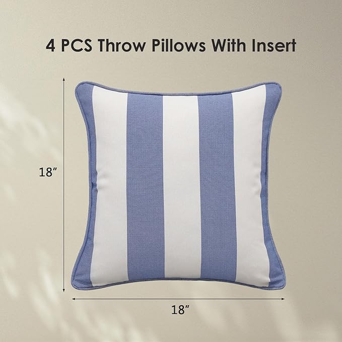 Decorative Outdoor Water Repellent Throw Pillows with Inserts, Set of 4, 18" x18" Pillows for Patio, Backyard, Bed, Couch, and Patio Furniture, Navy Stripe