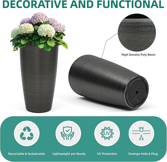 22.8" Tall Planters Set of 2, High-Density Resin Brushed Outdoor Pots for Plants, Versatile Indoor/Outdoor Flower Pots w/Drainage Hole for Patio Garden Porch & Living Room Decor, Ideal Gift