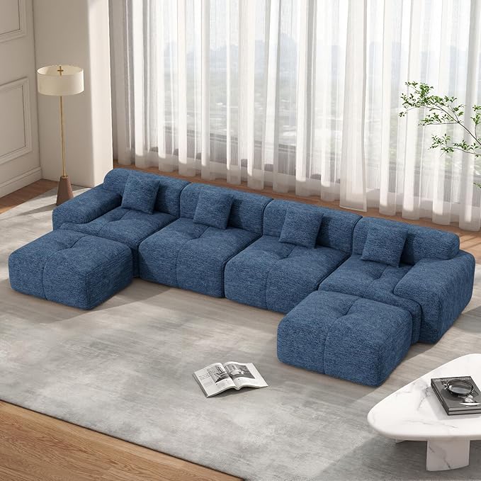 158" Modern U Shaped Modular Sectional Sofa, Boneless Couches for Living Room with Ottoman,6 Seater Convertible Chenille Cloud Couch Sofa Set, No Assembly Required, Blue 1 PCS