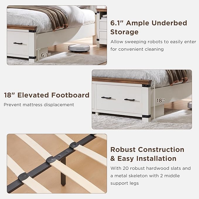 RedLemon Farmhouse Queen Size Bed Frame w/ 54" Tall Geometric Headboard, Rustic Wood Platform Bed w/ 2 Large Storage Drawers, Wood Slats Support, Noise Free, No Box Spring Needed, Antique White