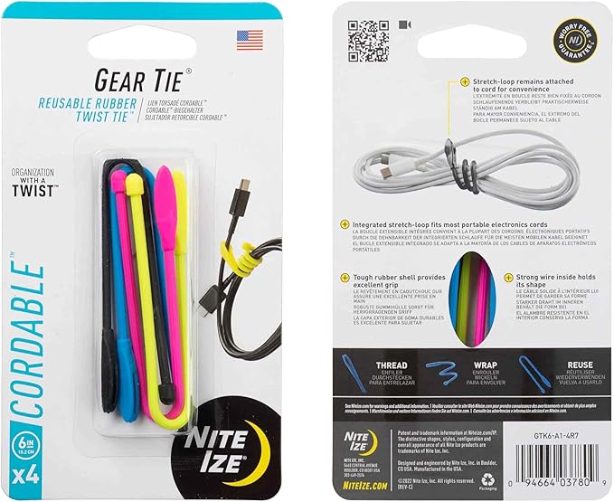 Nite Ize Gear Tie Cordable Twist Tie - Flexible Ties for Cord Management - Reusable Rubber Twist Ties for Wires - Waterproof & UV Resistant - Assorted Colors - 6-inch, 8 Count (2 Pack)