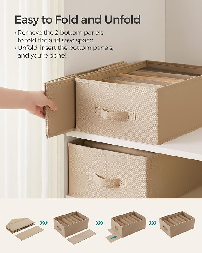 SONGMICS Set of 4 Large Size Wardrobe Clothes Organizers, 6-Compartment Foldable Drawer Organizers with Handles, 16.5 x 11.8 x 6.7 Inches, for Pants, Sweaters, Jeans, Sand Beige URUS009K01