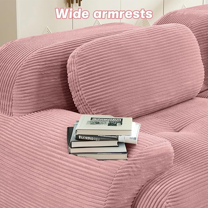 116" Modern Compressed Boneless Couch, 3 Seater Sectional Couches for Living Room, Pink Corduroy Cloud Modular Sectional Sofa, Comfy Memory Foam, Extra Deep, Sofas para Sala, No Assembly