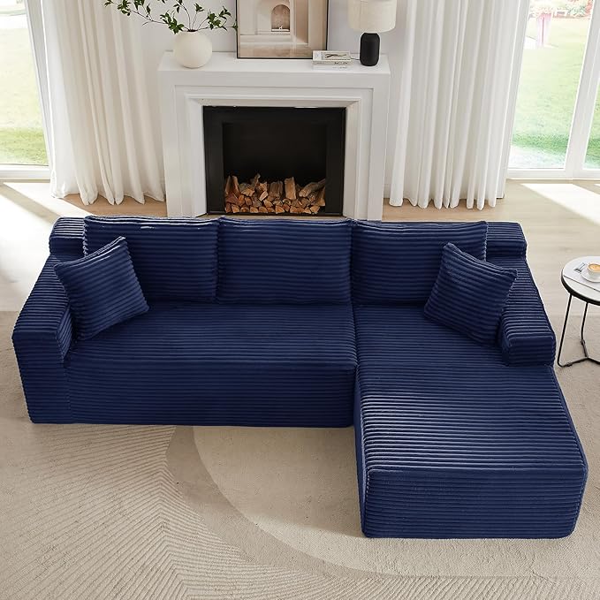 Modular Cloud Sectional Couch with L-Shape Chaise,Modern Upholstered Couches with Deep Seat,Corduroy Sponge Compressed Sofa for Living Room, Bedroom,No Assembly Required (Blue)