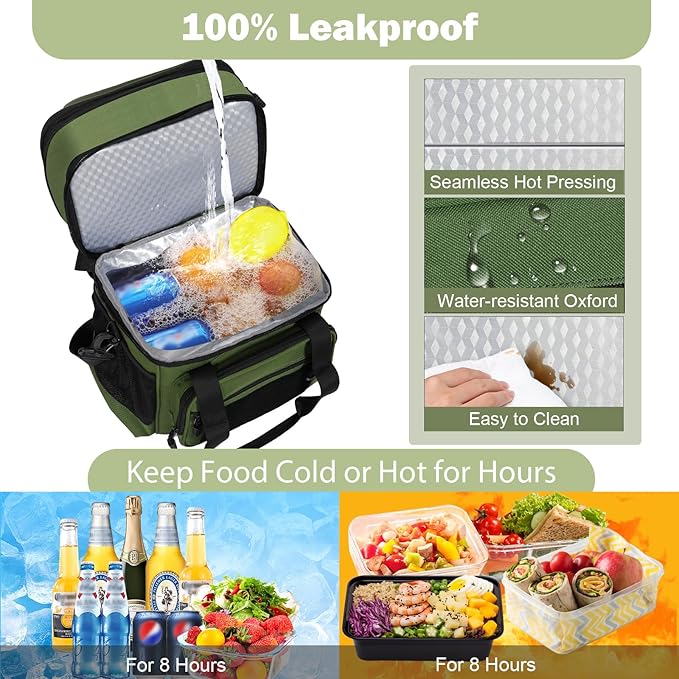 Double Deck Insulated Lunch Box, Expandable Large Lunch Bag Leakproof Cooler Bag Lunch Pail for Men Women Adults Work Shifts Travel Daytrip,16L,Army Green