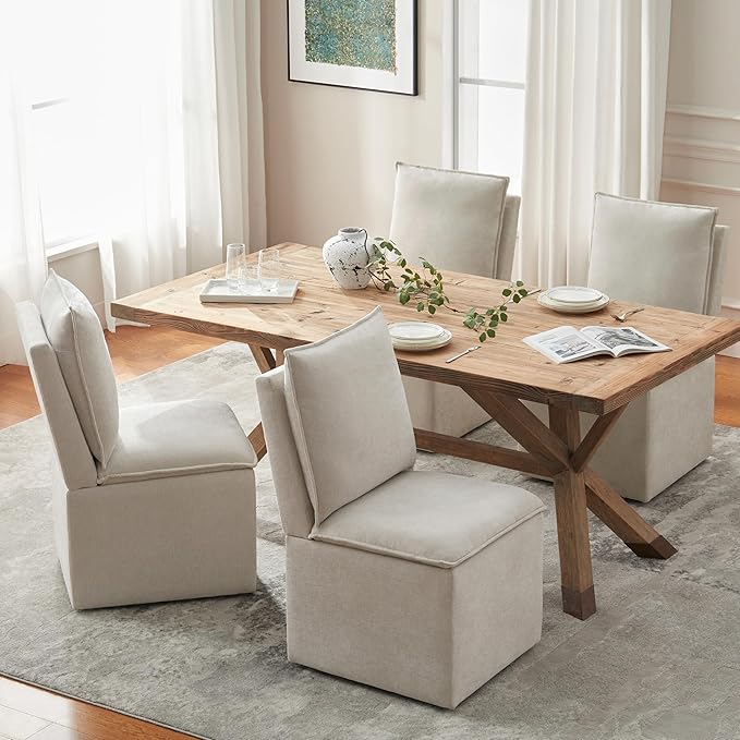 VKNOW Upholstered Dining Chairs, Modern Rolling Chairs with Storage and Wheels, Linen Armless Chair with Cushion and Backrest, Dining Room Chairs for Living Room Kitchen Bedroom, Beige