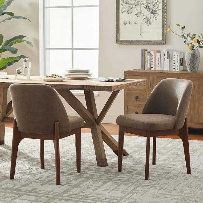 VKNOW Modern Dining Chairs Set of 2, Faux Leather Kitchen Chairs with Wood Legs, Upholstered Side Chair for Kitchen Dining Room, Dark Brown