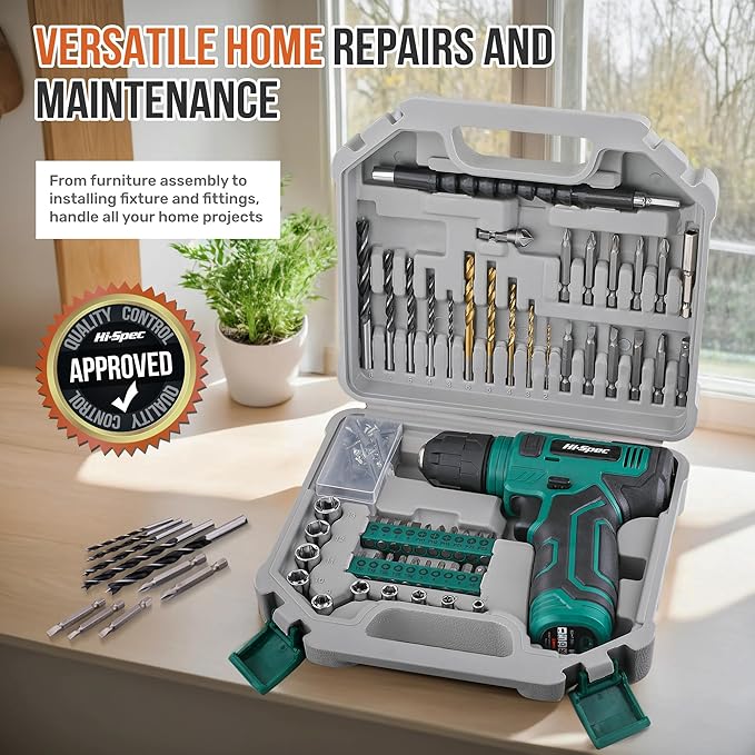 Hi-Spec 110pc Green 8V USB Electric Power Cordless Drill Driver Set. Drill Bits, Sockets and Screwdriver Bit Set Accessories In a Portable Toolbox Case