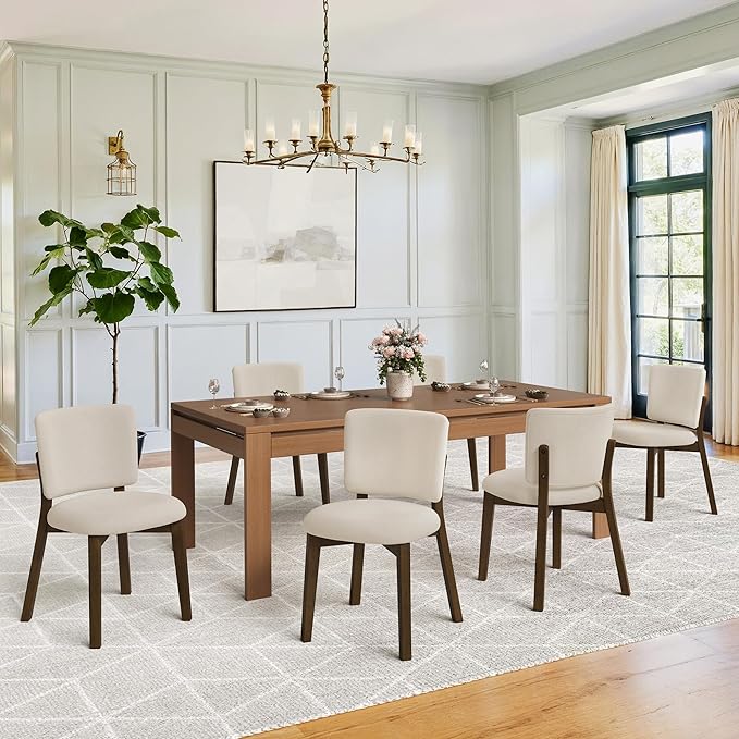 LUE BONA Wooden Dining Chairs Set of 2, Comfortable Wide Back Kitchen Side Chairs, Strong Thick Legs for Modern Farmhouse Dining Room, Linen Upholstered and Dark Brown Legs