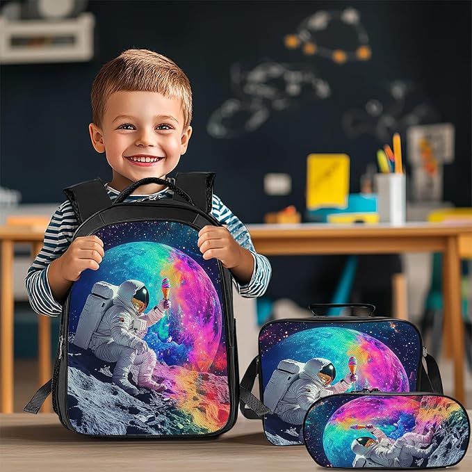 Astronaut Backpack Set 3 Piece School Bags and Lunch Box with Pencil Case Galaxy Space Astronaut Bookbag Set for Toddler Kids Girls Boys Teens Kindergarten Elementary Middle