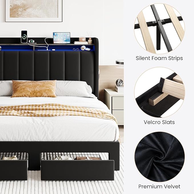 SHA CERLIN Velvet Full Size Bed Frame with Vertical Channel Tufted Wingback Headboard & 2 Storage Drawers/2-Tier Shelves with LED Lights & Charging Station/Noise-Free/No Box Spring Needed/Black