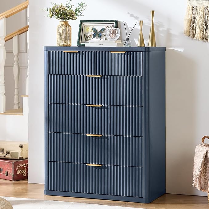 LEYAOYAO Fluted 6 Drawers Dresser for Bedroom Set of 2, 42" Tall Modern Chest of Drawers with Metal Handle, Curved Profile Design,Blue Wood Drawer Organizer for Bedroom, Living Room, Hallway