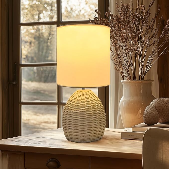 Boho Rattan Table Lamp - 3 Color Temperature, Handwoven Nightstand Lamp for Bedroom & Living Room