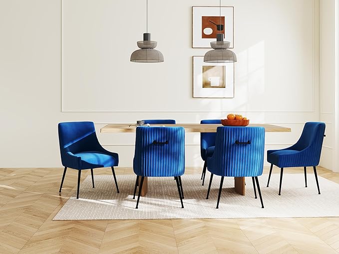 Velvet Dining Chairs Set of 2,Blue Upholstered Living Room Chairs with Black Metal Legs, Modern Tufted Accent Chairs for Living Room, Study Room, Kitchen